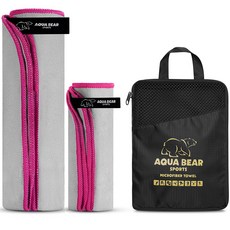 AquaBear 運動大毛巾 + 洗臉巾 + 收納袋組合, 灰粉色, 1套