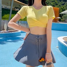 메이첼 라운드넥 꼬임 크롭탑 투피스 수영복 02723, 옐로우