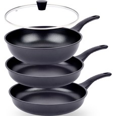 ECOSTAR 黑色鍋具 4件組, 單色, 平底鍋 28cm 2入+深炒鍋 28cm+玻璃鍋蓋 28cm