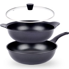 ECOSTAR 黑色鍋具 3件組, 深炒鍋 28cm+雙耳深炒鍋 28cm+玻璃鍋蓋 28cm, 單色