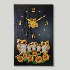원원상점 블랙 우드 부엉이 해바라기 무소음 대형 벽시계, 혼합색상