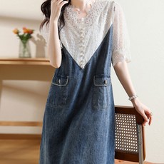 페이퍼먼츠 시스루 레이스 블라우스 데님 배색 레이어드 일체 미디 드레스 05524 빅사이즈 포함