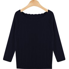 뜨개진 여성용 스트라이프 꽈배기 스칼럽 7부 알베리 보트넥 니트