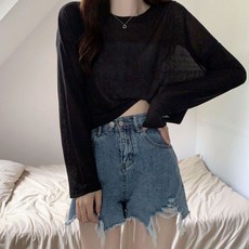 Goodif 女款甜心糖果透膚寬鬆短版長袖T恤