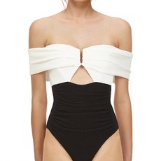 메이첼 오프숄더 모던 하이웨이스트 배색 하이컷 원피스 수영복 02760, 블랙