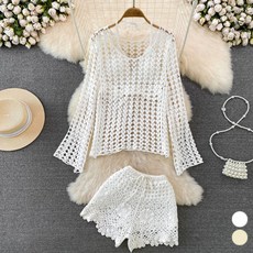 MEICHEL 海灘裝鉤織比基尼罩衫套裝 02707, 白色