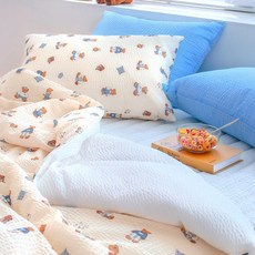 Moslock泰迪熊印花泡泡紗夏季薄被, 藍色