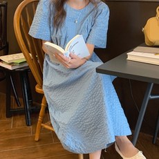 페이퍼먼츠 코니컬 러플 텍스처 U넥 반팔 롱 원피스 05615