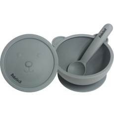 Bebelock 鉑金矽膠吸盤餐碗+餵食湯匙組, 藍灰色, 200ml, 1組