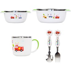 韓國製噗噗車幼兒餐具5件組 1號, 白色, 飯碗 + 大碗 + 杯子 + 湯匙 + 叉子, 1套