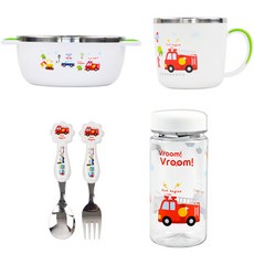 幼兒用噗噗車餐具5件組 2號, 白色, 大碗 + 杯子 + 水瓶 + 湯匙 + 叉子, 1套
