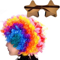 PARTYSHOW 小丑假髮 小型 + 透明星星眼鏡組, 彩虹(假髮), 棕色(眼鏡), 1套
