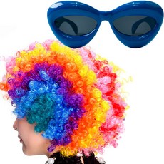 PARTYSHOW 小型小丑假髮 + 時尚護目鏡派對眼鏡套組, 彩虹(假髮), 藍色(眼鏡), 1套