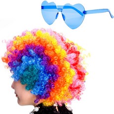 PARTYSHOW 小丑假髮 小號 + 透明愛心眼鏡 套組, 彩虹(假髮), 藍色(眼鏡), 1套