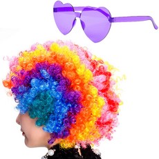 PARTYSHOW 小丑假髮 小號 + 透明愛心眼鏡 套組, 彩虹(假髮), 薰衣草紫(眼鏡), 1套