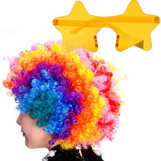 PARTYSHOW 小丑假髮 小型 + 透明星星眼鏡組, 彩虹(假髮), 黃色(眼鏡), 1套