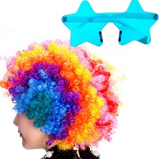 PARTYSHOW 小丑假髮 小型 + 透明星星眼鏡組, 彩虹(假髮), 薄荷綠(眼鏡), 1套