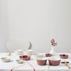 ROSLYN 摩登灰 2人餐具組 14P, 白色 + 酒紅色, 7種