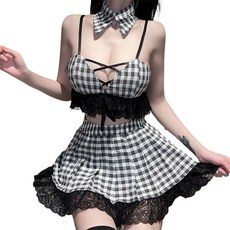 immong 女款Chiketpi性感角色扮演格子荷葉邊兩件套裝