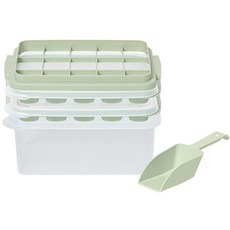 EASY&FREE 艾斯速按壓15格製冰盒2入 + 儲冰盒 + 脫冰盤 + 冰杓組合, 綠色(製冰盒, 脫冰盤, 冰杓), 透明(儲冰盒), 1套