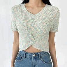 플랜데이 여성용 오로라 밑단 꼬임 Y2K V넥 크롭 반팔 니트