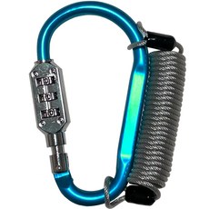 Travel Cube 彩色登山扣3位密碼大型鎖 + 防盜塗層安全纜繩1.5m套組 藍色, 1套