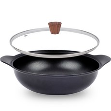 ECOSTAR 黑色木柄平底鍋 2種組, 混色, 雙耳深炒鍋 28cm+玻璃鍋蓋 28cm, 1組
