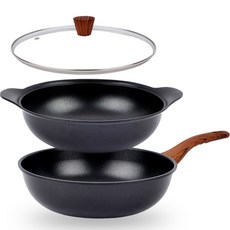 ECOSTAR 黑色木柄平底鍋 3種組, 混色, 深炒鍋 28cm+雙耳深炒鍋 28cm+玻璃鍋蓋 28cm, 1組