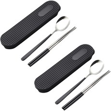 青檸橄欖 Bane 便攜式雙人餐具+餐具盒組, 黑色, 湯匙 + 筷子 + 收納盒 + 矽膠支架