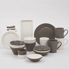 LENANSE Hwyghe 4人餐具組 27入, 空氣 4p + 碗 4p + 小碟 2p + 大碟 4p + 馬克杯 4p + 醬汁碗 2p + 湯匙架 4p + 午餐盤 18cm + 晚餐盤 23cm + 長方形盤子, 1組, 灰色+奶油色