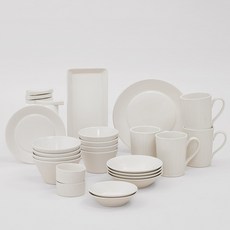 LENANSE Hygge 4人餐具27件組, 飯碗4P+湯碗4P+小菜盤(小)2P+小菜盤(大)4P+馬克杯4P+醬料碟2P+筷架4P+早午餐盤(18cm)1P+晚餐盤(23cm)1P+長方形盤(27cm)1P, 1套, 奶油色