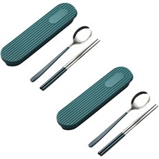 青檸橄欖 Bane 便攜式雙人餐具+餐具盒組, 綠色, 湯匙 + 筷子 + 收納盒 + 矽膠支架