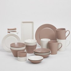 LENANSE Hygge 4人餐具組 27件組, 飯碗4P+湯碗4P+小菜碟(小)2P+小菜碟(大)4P+馬克杯4P+醬料碗2P+筷匙架4P+早午餐盤(18cm)1P+晚餐盤(23cm)1P+長方盤(27cm)1P, 1套, 玫瑰粉 + 奶油色