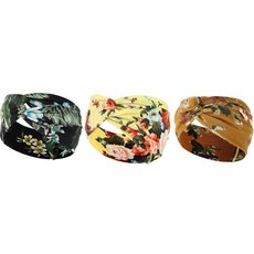 Belle 引人注目時尚髮帶3件組, 2號(黑色花朵, 黃色花朵, 棕色花朵)