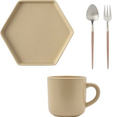 쓰임 마리벨 디저트 식기 세트 4p, 베이지, 머그 + 육각접시 중 + 티스푼 + 티포크, 1개