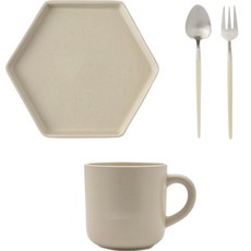 Sseum Maribel 甜品餐具套組 4 件, 馬克杯+六角盤+茶匙+茶叉, 燕麥色