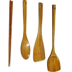 原木多用途烹飪用具4件組, 鍋鏟 + 斜口鍋鏟 + 湯匙 + 筷子, 混色, 1套