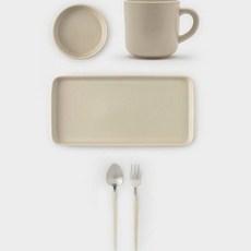 ssueim Mariebel早午餐陶瓷餐具 5入組, 燕麥色, 醬碗+馬克杯+長方形盤+茶匙+茶叉