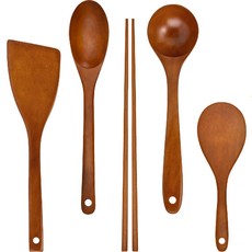 RAONNURI 自然愛 漆木烹飪用具5件組, L號斜角鍋鏟 + L號料理勺 + L號湯勺 + L號油炸筷1雙 + 飯勺, 單一顏色, 1個