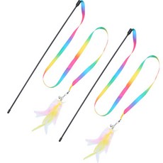 BUTU PET 貓咪彩虹長緞帶羽毛鈴鐺棒, 2個, 混色