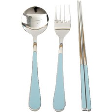 Willive 韓國製 304不鏽鋼 Nino 陶瓷兒童餐具組, 天藍色, 湯匙 + 叉子 + 筷子