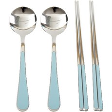Willive 韓國製 304不鏽鋼 Nino 陶瓷兒童餐具組, 天藍色, 湯匙 2p + 筷子 2雙