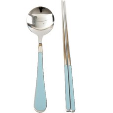Willive 韓國製 304不鏽鋼 Nino 陶瓷兒童餐具組, 天藍色, 湯匙 + 筷子
