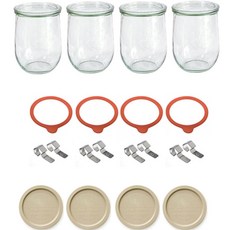 WECK 튤립형 PE 뚜껑 + 유리용기 + 유리뚜껑 + 고무링 + 클립 2p 풀 세트 베이지 1062ml No.745, 4세트, 5종