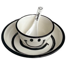 Egoism 1人繪圖微笑餐具 3件組, 白+黑, 碗+盤子+勺子