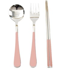 Willive 韓國製 304不鏽鋼 Nino 陶瓷兒童餐具組, 淺粉色, 湯匙 + 叉子 + 筷子