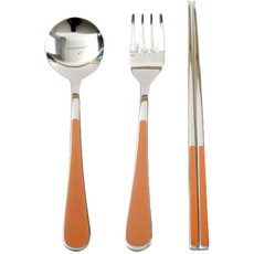 Willive 韓國製 304不鏽鋼 Nino 陶瓷兒童餐具組, 橘色, 湯匙 + 叉子 + 筷子
