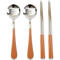 Willive 韓國製 304不鏽鋼 Nino 陶瓷兒童餐具組, 橘色, 湯匙 2p + 筷子 2雙