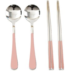 Willive 韓國製 304不鏽鋼 Nino 陶瓷兒童餐具組, 淺粉色, 湯匙 2p + 筷子 2雙