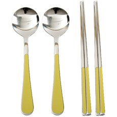 Willive 韓國製 304不鏽鋼 Nino 陶瓷兒童餐具組, 芥末黃, 湯匙 2p + 筷子 2雙
